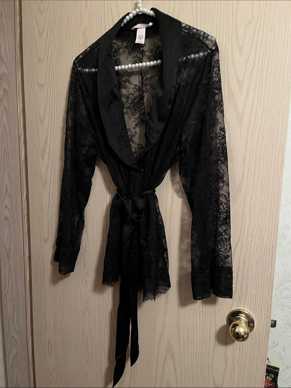 Victoria's Secret Black Sheer Lace Robe with Satin Collar & Lace Pants